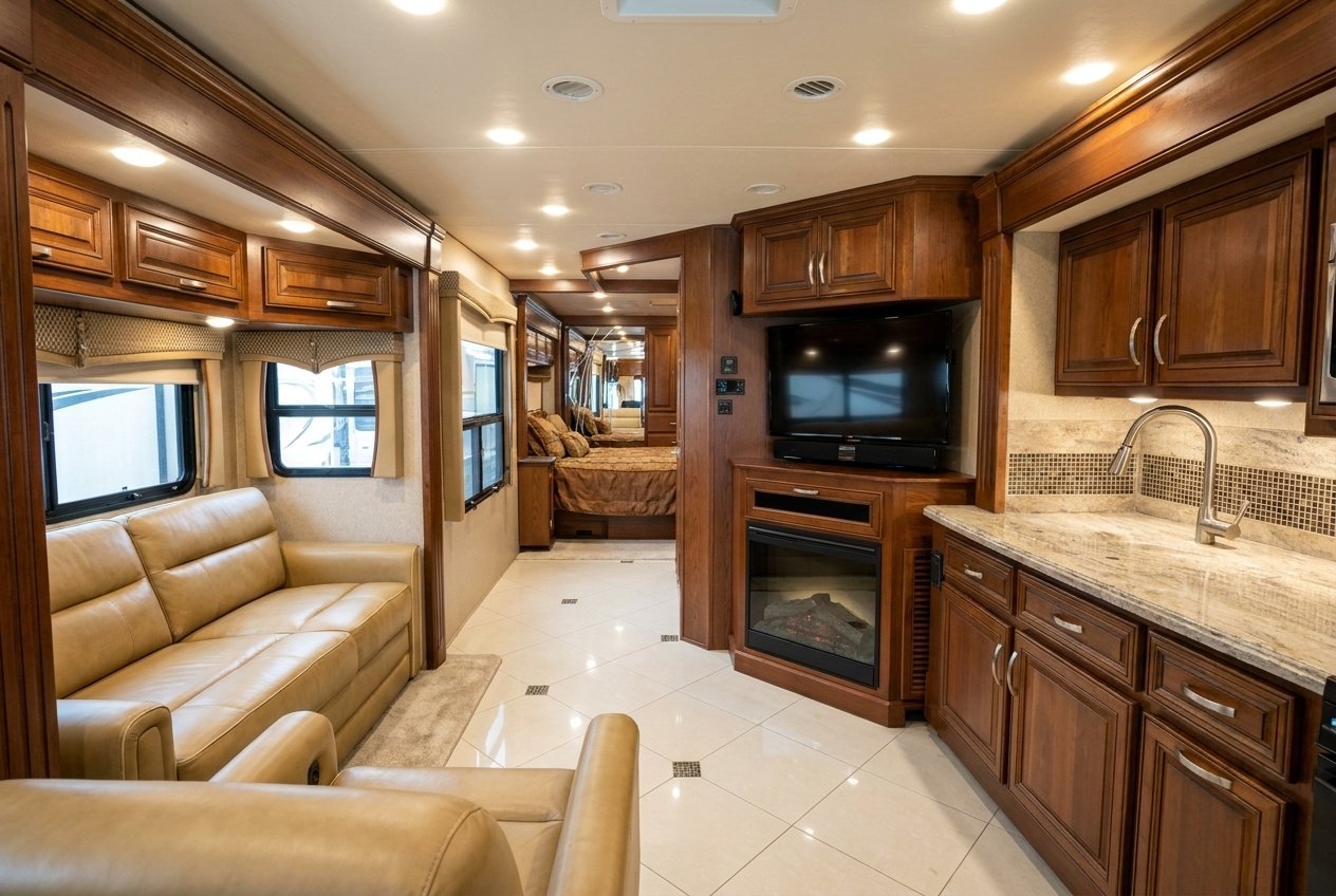 Salon with electric fireplace and entertainment system inside the Berkshire 400QL