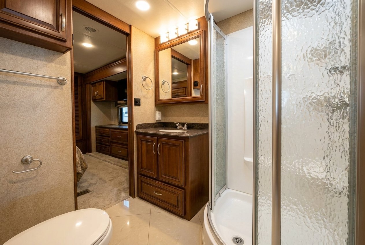 Full bathroom with walk-in shower, vanity storage and private commode